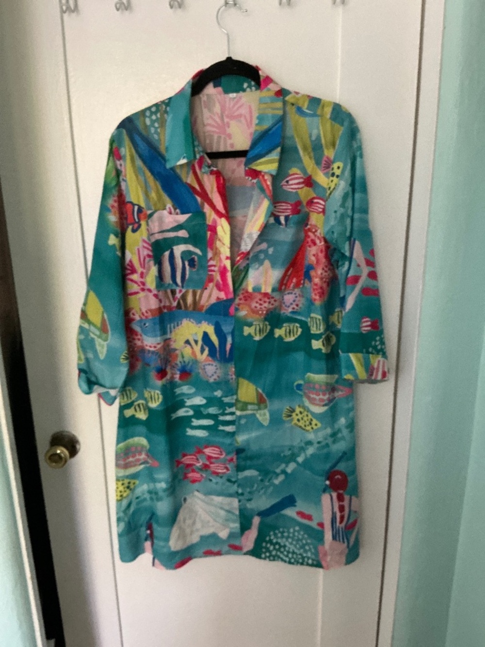 1XL Tropical Ocean Print Dress Cover-Up Tunic/Dress